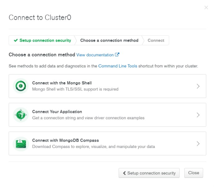 Choose a connection type when connecting with MongoDB Atlas.