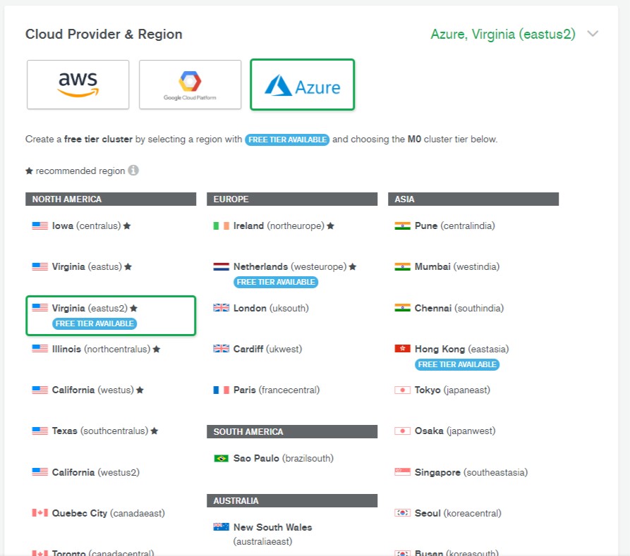 Choose a cloud provider when using MongoDB Atlas.