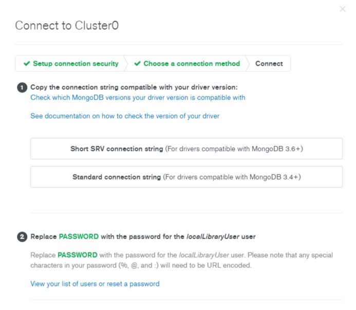 Choose the Short SRV connection when settinup a connection on MongoDB Atalas.